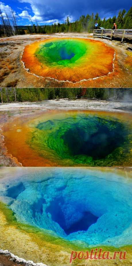 Morning Glory Pool,США,Очень красивое озеро с уникальными свойствами в Национальном Парке Йеллоустоун в США.Небольшое горячее озеро глубиной    2200 м,из которого идёт пар и при этом оно меняет свои цвета от бледно-бирюзового до насыщенного фиолетового,а потом вдруг становится    зелёным,благодаря бактериям,живущим здесь.