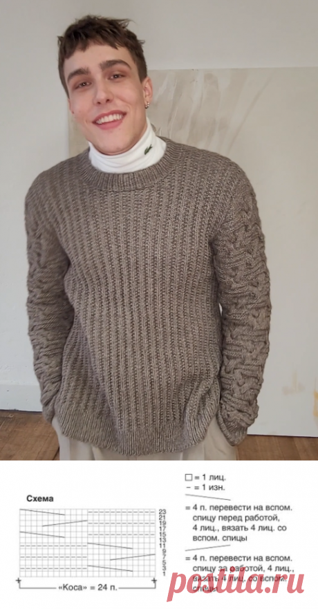 Рельефное вязание, объёмная резинка. Пуловер смещённой резинкой.