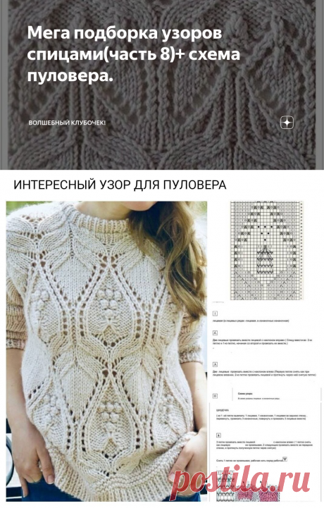 Мега подборка узоров спицами(часть 8)+ схема пуловера. | Волшебный клубочек! | Яндекс Дзен