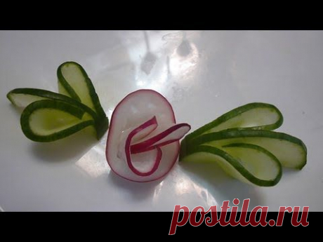 Украшения из овощей (делаем из огурца и редиса завиток и цветок). Decoration of vegetables - YouTube