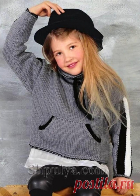 Пуловер с карманом-кенгуру для девочки — Shpulya.com - схемы с описанием для вязания спицами и крючком
