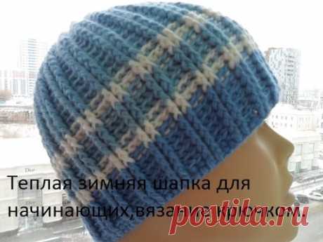 Теплая зимняя шапка для начинающих,рельефными столбиками.Warm winter hat Crochet for beginners .#45