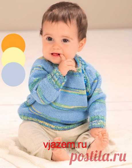 Голубой пуловер для мальчика до года спицами Этот пуловер для мальчика до года спицами легко и быстро вяжется, легко одевается и очень нарядно смотрится. Описание приведено на возраст от 2 до 8 месяцев.