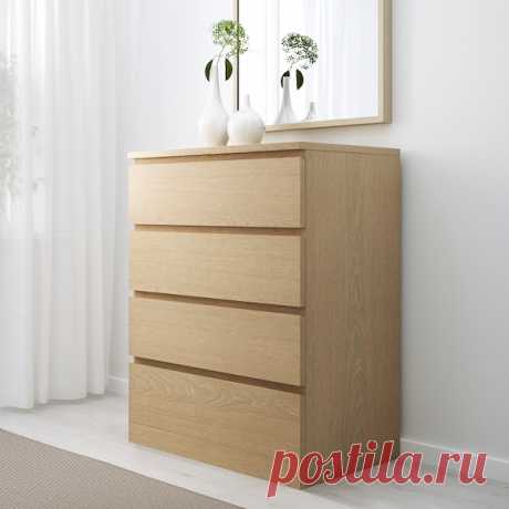 MALM МАЛЬМ Комод с 4 ящиками, дубовый шпон, беленый, 80x100 см - IKEA