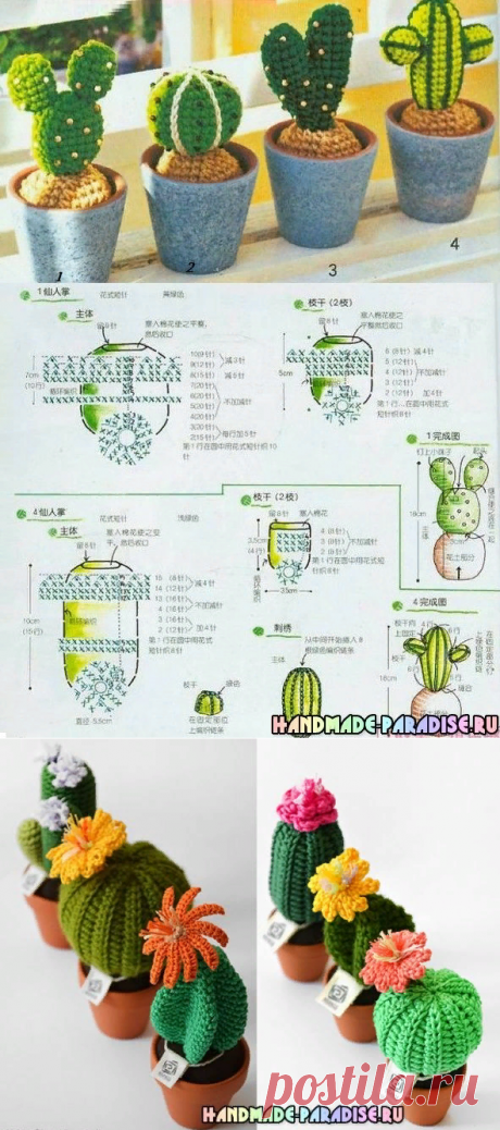 Цветущий вязаный кактус. Схемы