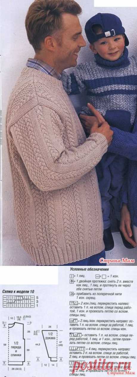 Вязание: мужской пуловер с косами.