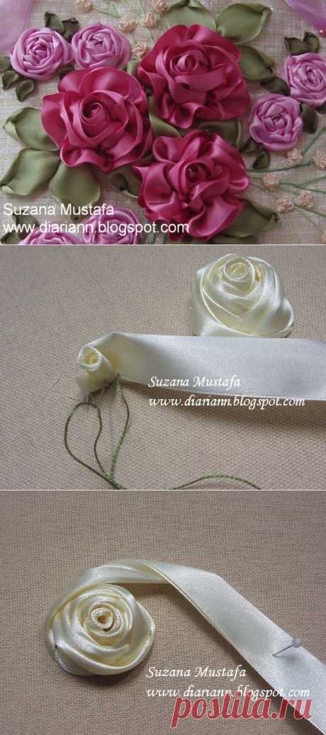 Белый шиповник и яркие розы, вышитые лентами, МК Suzana Mustafa