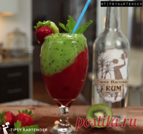Frozen Strawberry Kiwi Mojito - TipsyBartender.com Talk about an amazing twist on the classic Mojito! Our Frozen Strawberry Kiwi Mojito is made with Kiwi, Rum, Strawberries! + Frozen Strawberries + Rum + Simple Syrup + Mint Leaves Click on the drink below and watch us make it!