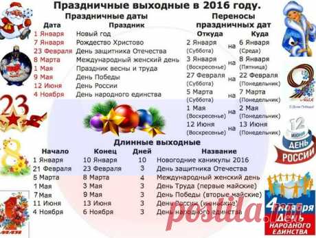 Выходные и праздничные дни в 2016 году.