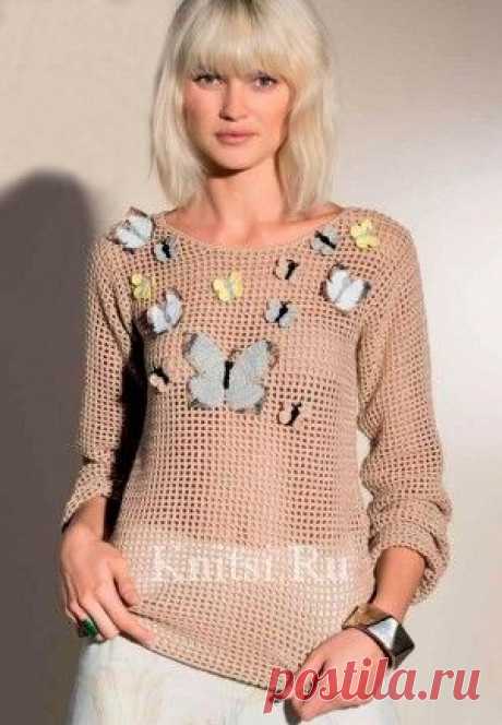 Сетчатый пуловер с бабочками. Вязание для женщин / Пуловеры / Крючком