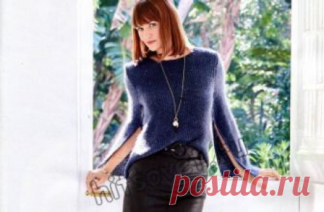 Пуловер с длинными разрезами на рукавах - Хитсовет Стильный женский пуловер с длинными разрезами на рукавах и удлиненной спинкой с пошаговым описанием вязания.