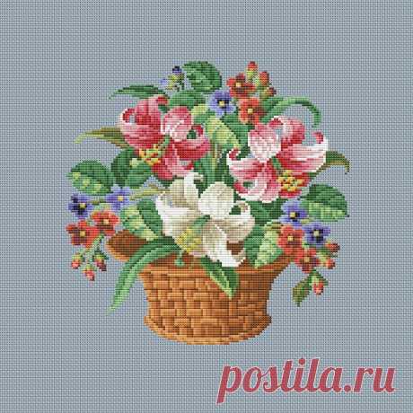 Embroidery scheme flowers in a basket (2119605) | Cross Stitch | Design Bundles