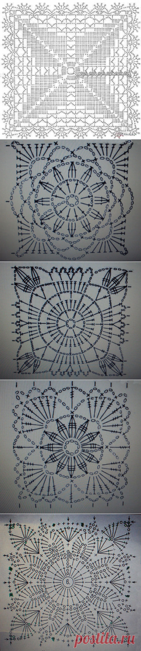 Квадратные мотивы для вязания салфеток и скатертей.