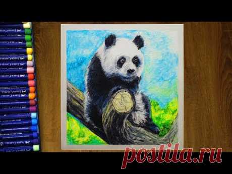 Рисунок масляной пастелью Панда на дереве Panda oil pastels