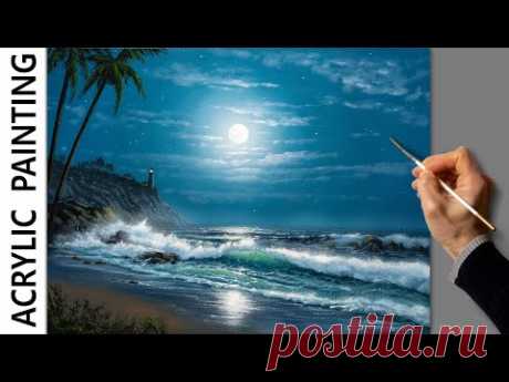 Acrylic Landscape Painting - Full Moon Sea / Relaxing Art / Морской пейзаж. Уроки рисования Живопись