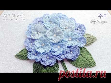 [CC] 수국 자수, Blue Hydrangea hand embroiery