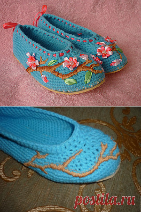 Вышивка домашних тапочек "Ветка сакуры" - Ярмарка Мастеров - ручная работа, handmade