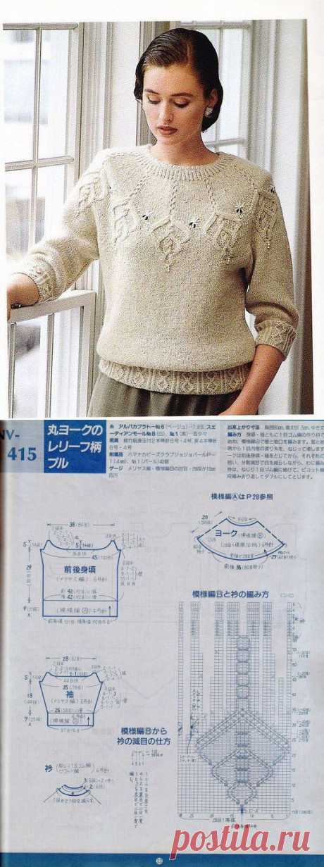 Пуловер спицами с красивой кокеткой