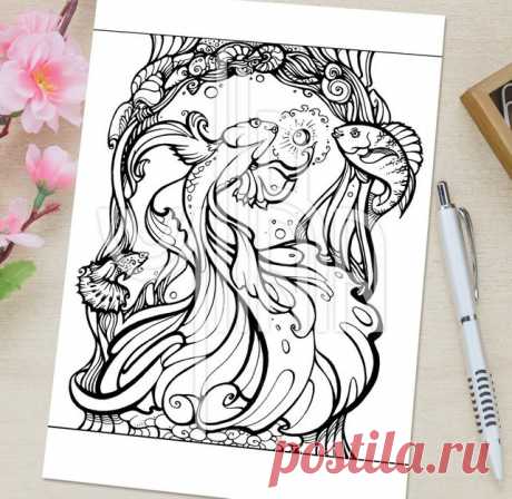 Adult coloring page with a fabulous Golden Fish in Art Nouveau | Etsy