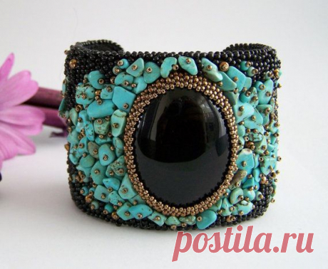 (23) Cuff bracelet, statement bracelet, beaded bracelet, jewelry, cabochon bracelet, black turquoise, bead embroidery, handmade