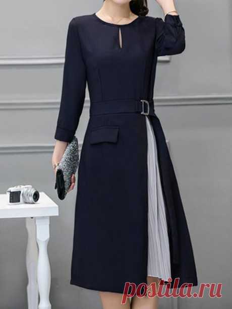 Navy Blue A-line Women 3/4 Sleeve Elegant Paneled  Elegant Dress Elegant Dress,Blue,Polyester,3/4 Sleeve,A-line,Paneled,Pleated,Belts,Crew Neck,Spring/Fall,18~24,25~34,35~44,Non-stretchy,Elegant,Work,Going out,合体,Statement