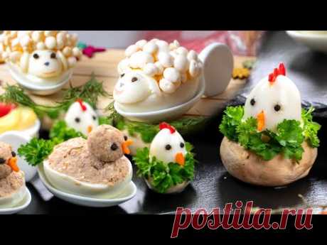 Фаршированные яйца - Курица в гнезде, утята и ягнята с грибами эноки. Яичные закуски!
