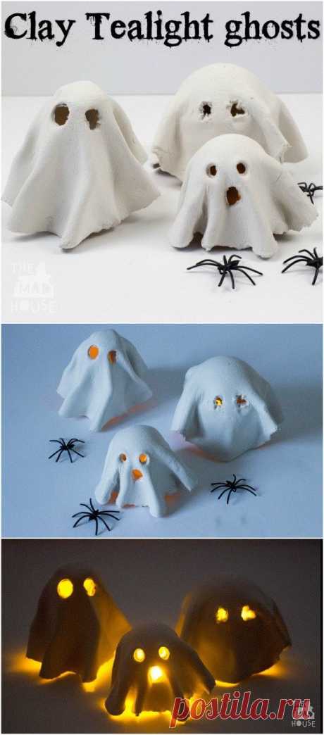 DIY Clay Ghost Tealight. These spooky clay ghost tealights are simply made from air drying clay. They are perfect kids crafts for Halloween and look amazing with a battery operated tealight under.