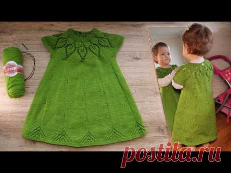 Круглая кокетка «Листья» спицами для детского платья 🦚 Baby Dress with Round Yoke ☘