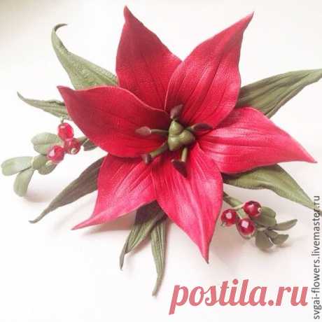 Купить Брошь "Красная Лилия", натуральная кожа, ручная работа - комбинированный, svgai-flowers