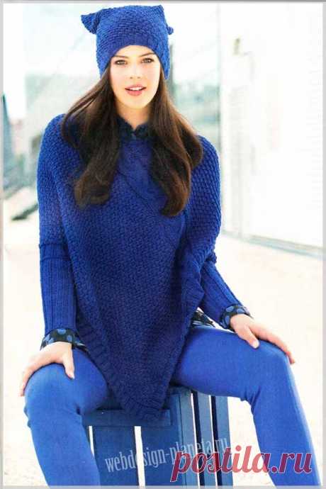Синий пуловер-пончо спицами и шапочка | Вязание спицами, вязание крючком | Мир вязания