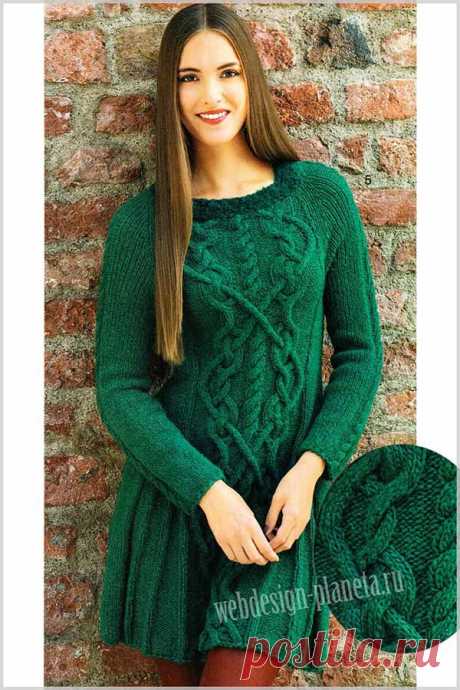 Зеленое платье спицами с оригинальными косами | Вязание спицами, вязание крючком | Мир увлечений современной женщины.