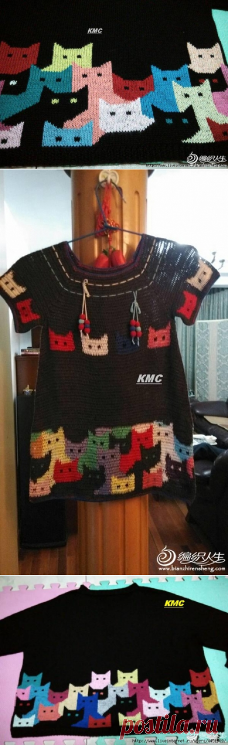 Любителям кошек :пуловер спицами и платьице крючком