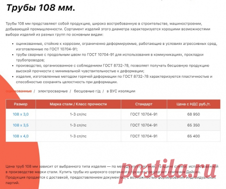 Трубы по размерам

Трубы по диаметру: Труба 108 мм. Труба бу 219 мм. Труба 325 мм.

Купить трубы из широкого сортамента проката предлагает компания Дайкан. Продукция продается с доставкой, предоставлением документов, с возможностью формирования индивидуальных партий.

Трубы 108 мм представляют собой продукцию, широко востребованную в строительстве, машиностроении, добывающей промышленности.