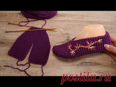 Бесшовные следки с вышивкой спицами | Seamless Slippers knitting pattern