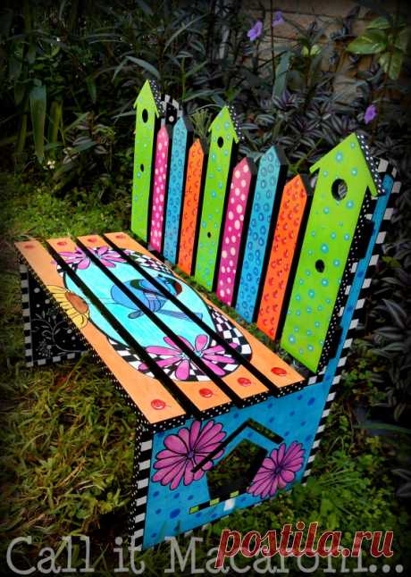 Whimsical Bird House Bench, Whimsy Bench, Children's Bench, Garden Bench, Colorful Hand Painted Kids' Park Bench, Bird, Flowers This is an ORIGINAL, one of a kind piece.    Modern, Simple and Fun! An adorable bench that will brighten up and bring inspiration to any room, out on the porch, or in your garden.   This beautiful hand painted solid wood birdhouse bench has been hand drawn and painted on a quality piece of common wood. This piece features whimsical colors of oran...