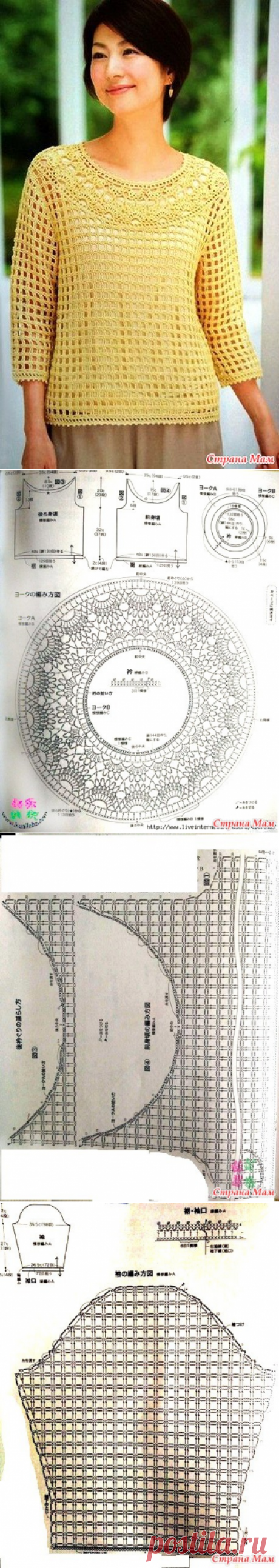 Ажурный пуловер с круглой узорчатой кокеткой. Крючок. - ВЯЗАНАЯ МОДА+ ДЛЯ НЕМОДЕЛЬНЫХ ДАМ - Страна Мам