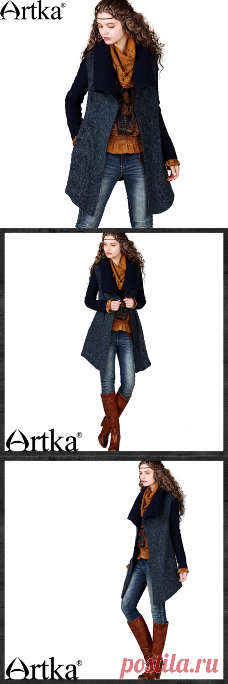 Artka женские Зимние Модные Винтажные отложным воротником с длинным рукавом Тонкая талия лоскутное средней длины шерстяное пальто WA10043D купить на AliExpress