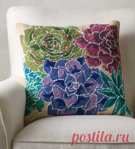 Succulent Hand-hooked Wool Pillow, Multi | Home Accents | Home D&eacute;cor | VivaTerra These beautiful hand-hooked pillows were exclusively designed to showcase the lively, colorful petals of the succulent plant. A perfect seasonal accent to showcase these warm-weathered botanicals. The design is rendered in 100% hooked-wool and finished with a cream linen back. Every pillow includes a natural down feather filled insert for a plush look and soft feel, and the co...