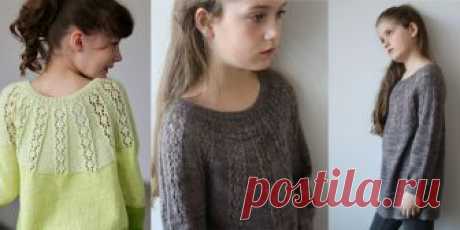 Детский пуловер с круглой кокеткой Miranda Детский пуловер с круглой кокеткой, вязаный спицами сверху вниз. Простая модель пуловера для девочки с милой  ажурной круглой кокеткой. Описание для девочек 2, 3, 4, 5, 6-7, 8-9, 9-10 лет.