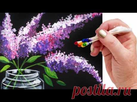 Lilacs in Mason Jar Q Tip Painting for Beginners Tutorial 🌷🎨💜