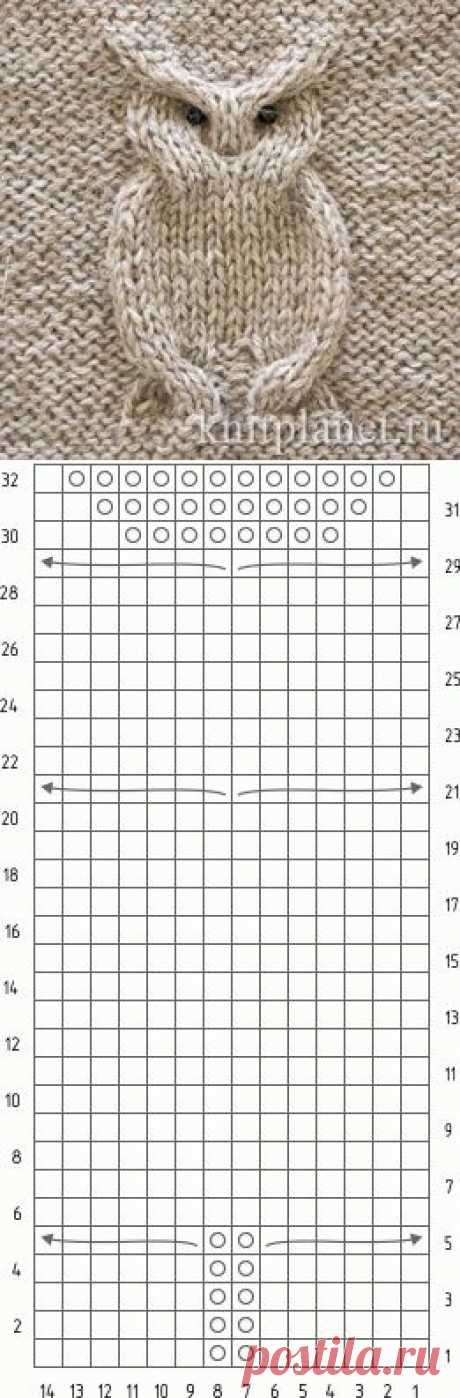 Планета Вязания | Узор Сова спицами. Подробное описание и схема вязания узора.