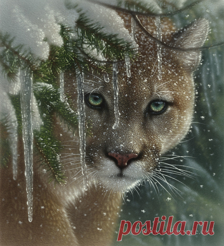 Frozen - Cougar Painting, ручная подпись Cougar Art Print Коллина Богла - Collin Bogle Nature Art