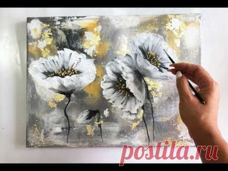 Flowers painting on canvas/ Gold & Silver Leaf/Demo /Acrylic Technique on canvas