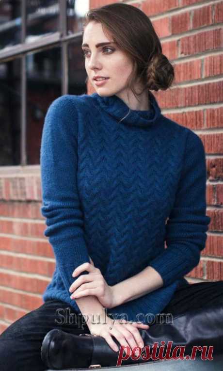 Синий свитер с косами спицами - SHPULYA.com