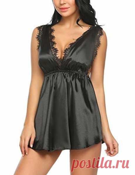 Women Satin Lace Patchwork Sexy V-neck Chemise Babydoor Lingerie G-string Pajamas