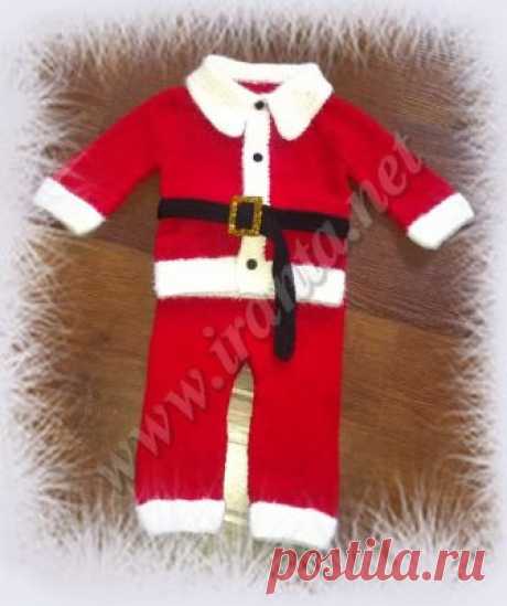Новогодний костюм в образе Санта Клауса для малыша Оригинальный и яркий новогодний костюм для малыша, имитирующий образ Санта Клауса. Выполнен спицами в бесшовной технике сверху вниз. Описание, схемы