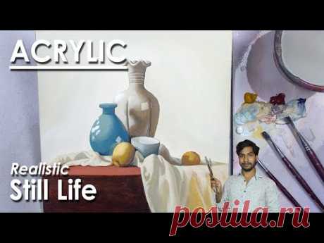 Realistic Still Life Painting in Acrylic | Ceramic Pots, Cup, Fruits, Drapery | step by step