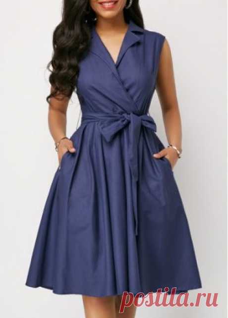 Sleeveless High Waist Belted Navy Blue Dress | Rotita.com - USD $32.56