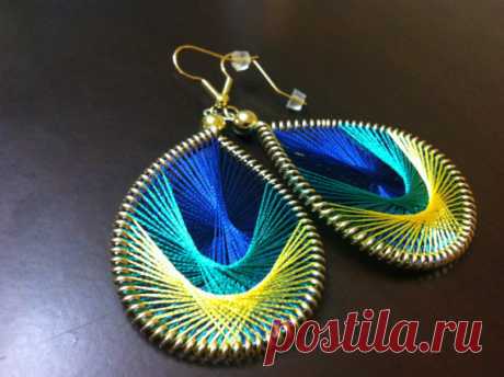 Peacock Feather- Blue, Teal and Yellow Thread Woven Earrings. String Earrings. Peruvian Thread String Earrings Dark Navy, Jade and Citrus silky threads hand woven on non-tarnish gold frames.  3 choices in length: Petite 1.5 , 2 Small, 2.5 Medium  We love custom orders. Send a message with your custom colors or length and we can create your own unique pair!  Available in Gold or Silver frames,