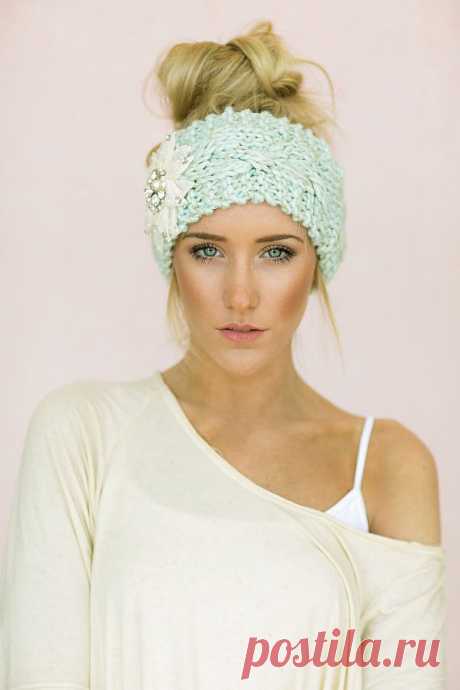 Mint Cable Knitted Headband Jeweled Ear Warmer by ThreeBirdNest